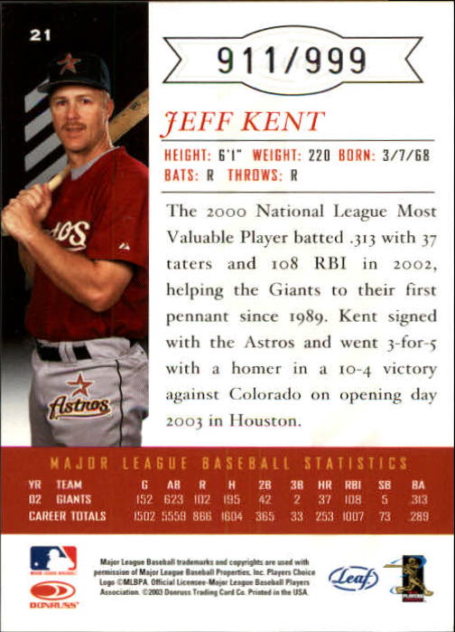 2003 Leaf Limited #21 Jeff Kent Astros back image