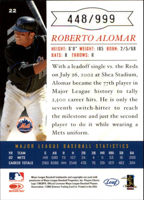 2003 Leaf Limited #22 Roberto Alomar Mets A back image