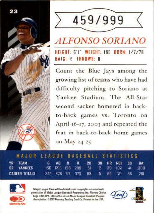 2003 Leaf Limited #23 Alfonso Soriano A back image