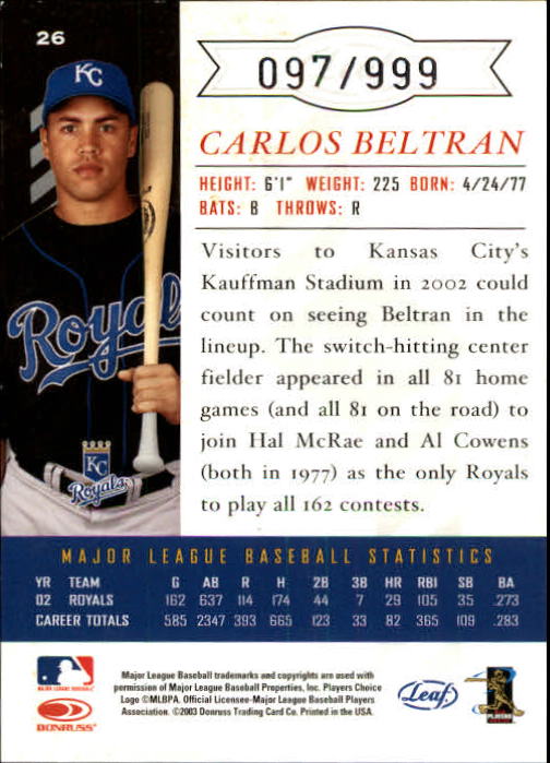 2003 Leaf Limited #26 Carlos Beltran back image