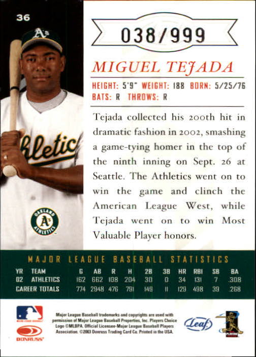 2003 Leaf Limited #36 Miguel Tejada Btg back image