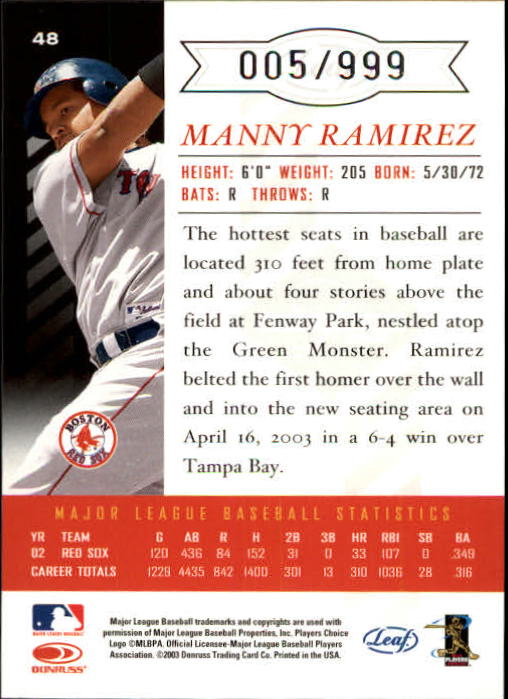 2003 Leaf Limited #48 Manny Ramirez H back image