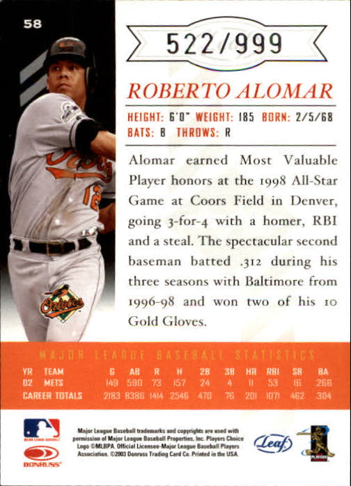 2003 Leaf Limited #58 Roberto Alomar O's back image