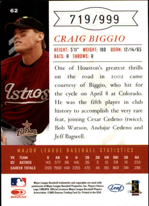 2003 Leaf Limited #62 Craig Biggio A back image