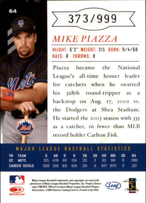 2003 Leaf Limited #64 Mike Piazza Mets H back image