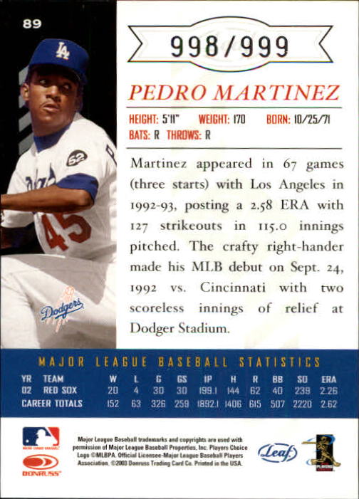 2003 Leaf Limited #89 P.Martinez Dodgers back image