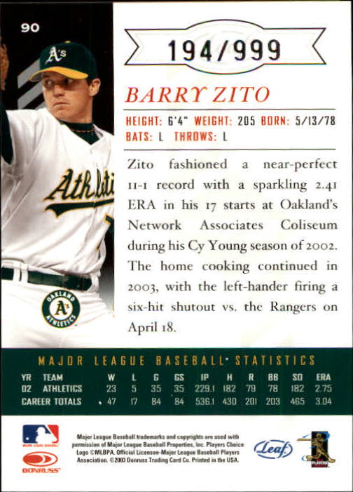 2003 Leaf Limited #90 Barry Zito A back image
