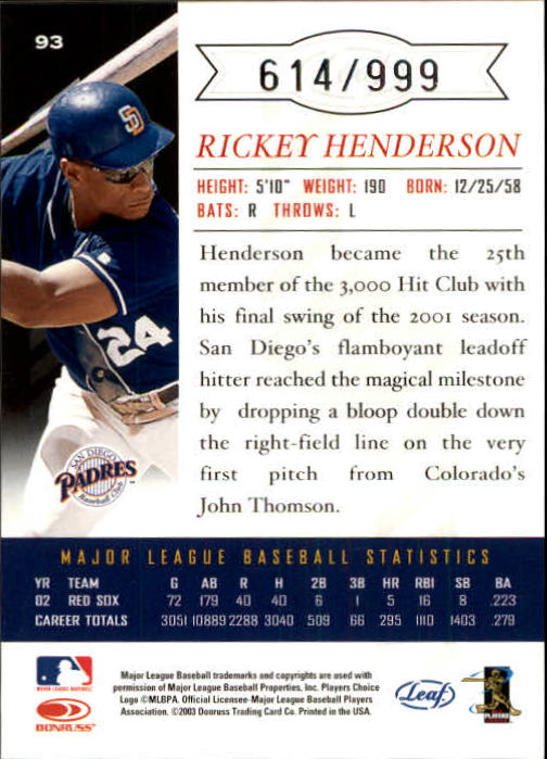 2003 Leaf Limited #93 R.Henderson Padres back image