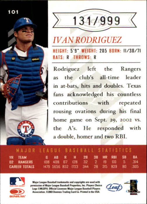 2003 Leaf Limited #101 Ivan Rodriguez Rgr back image