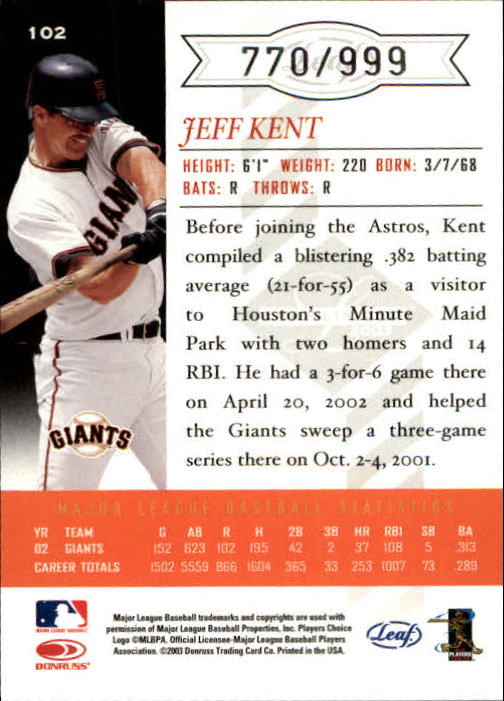 2003 Leaf Limited #102 Jeff Kent Giants back image