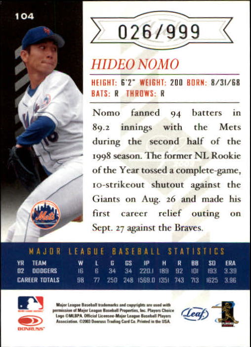 2003 Leaf Limited #104 Hideo Nomo Mets back image