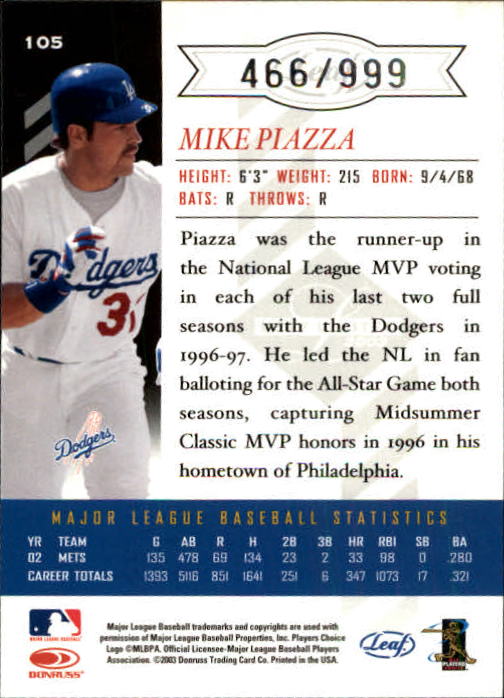2003 Leaf Limited #105 Mike Piazza Dodgers back image