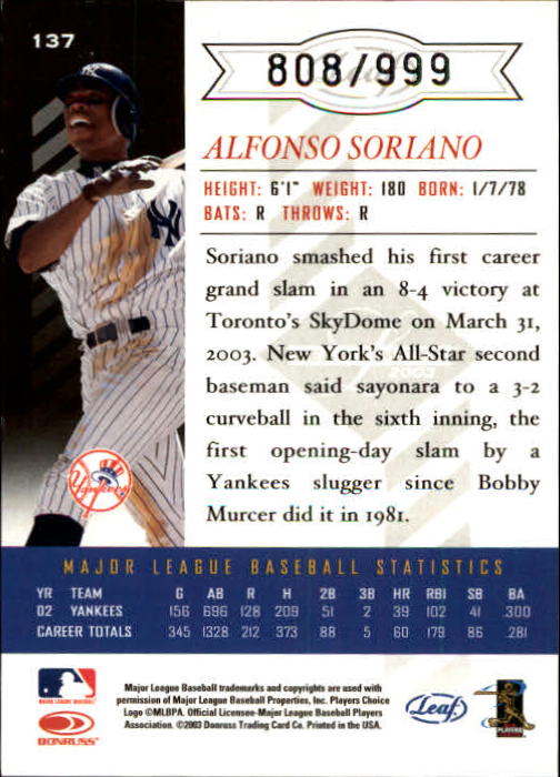 2003 Leaf Limited #137 Alfonso Soriano H back image