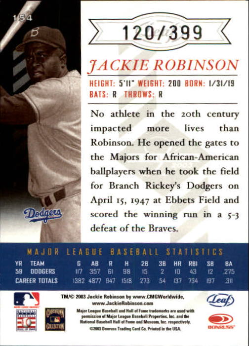 2003 Leaf Limited #154 Jackie Robinson back image