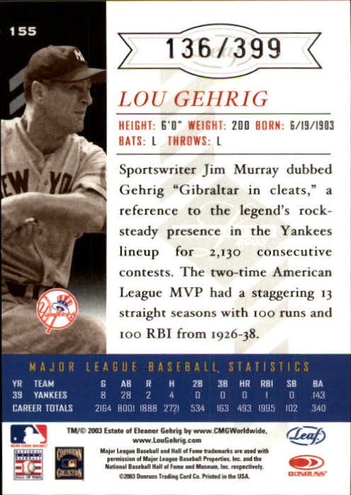 2003 Leaf Limited #155 Lou Gehrig back image