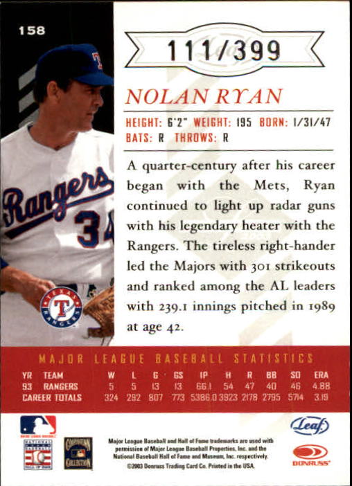 2003 Leaf Limited #158 Nolan Ryan Rgr back image
