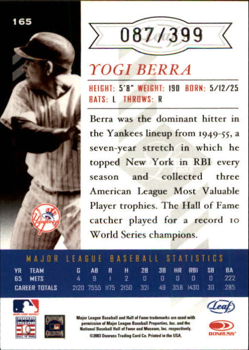 2003 Leaf Limited #165 Yogi Berra back image