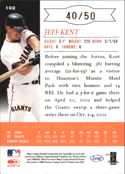 2003 Leaf Limited Gold Spotlight #102 Jeff Kent Giants back image