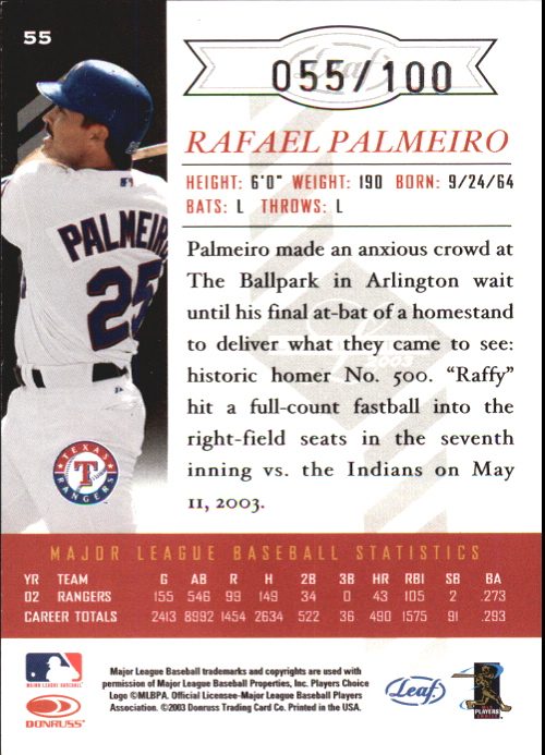 2003 Leaf Limited Silver Spotlight #55 R.Palmeiro Rgr A back image