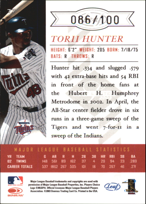 2003 Leaf Limited Silver Spotlight #77 Torii Hunter Swing back image