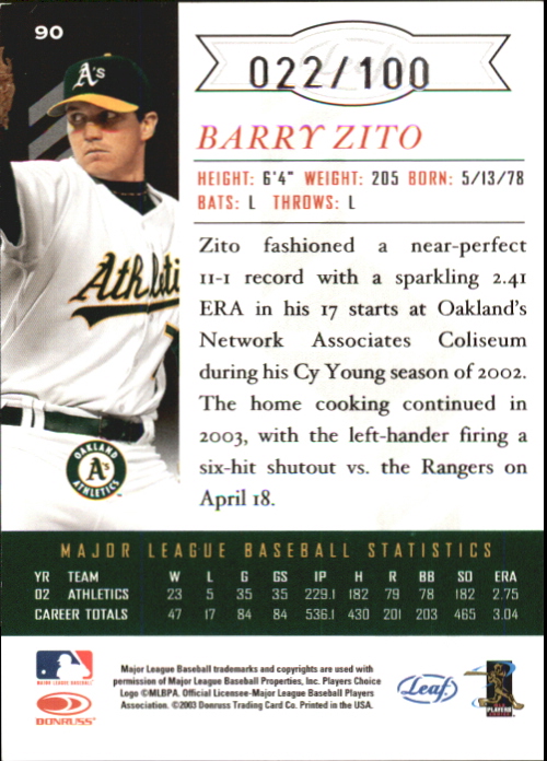 2003 Leaf Limited Silver Spotlight #90 Barry Zito A back image