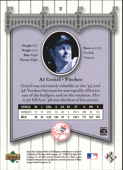 2003 Upper Deck Yankees Signature #2 Al Gettel back image