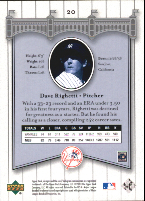 2003 Upper Deck Yankees Signature #20 Dave Righetti back image