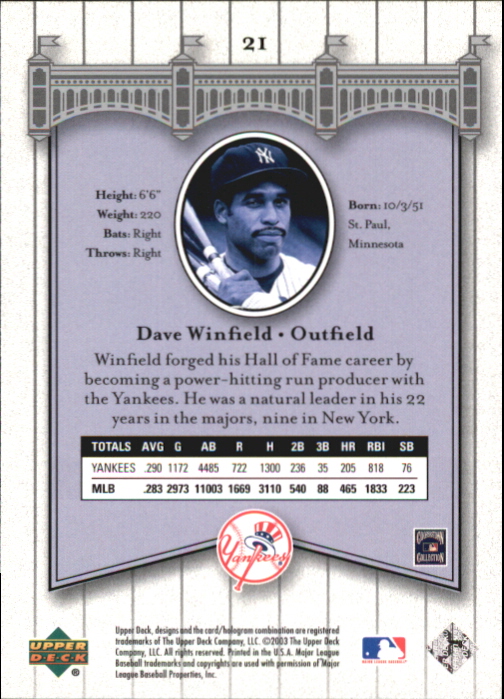 2003 Upper Deck Yankees Signature #21 Dave Winfield back image