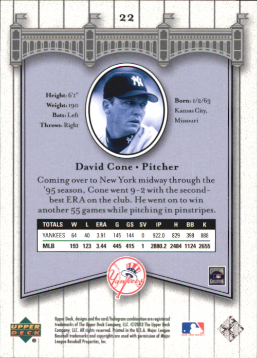 2003 Upper Deck Yankees Signature #22 David Cone back image