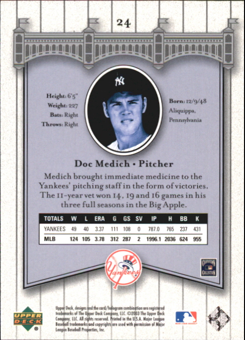 2003 Upper Deck Yankees Signature #24 Doc Medich back image