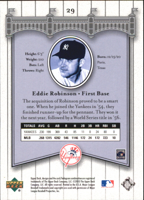 2003 Upper Deck Yankees Signature #29 Eddie Robinson back image