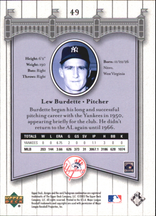2003 Upper Deck Yankees Signature #49 Lew Burdette back image