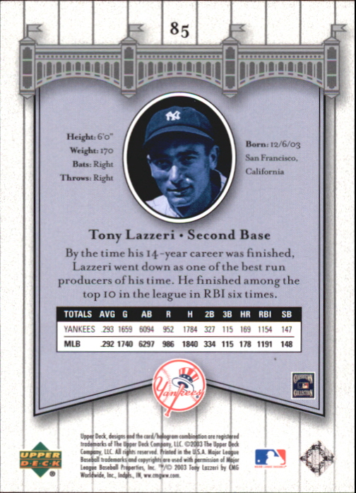 2003 Upper Deck Yankees Signature #85 Tony Lazzeri back image