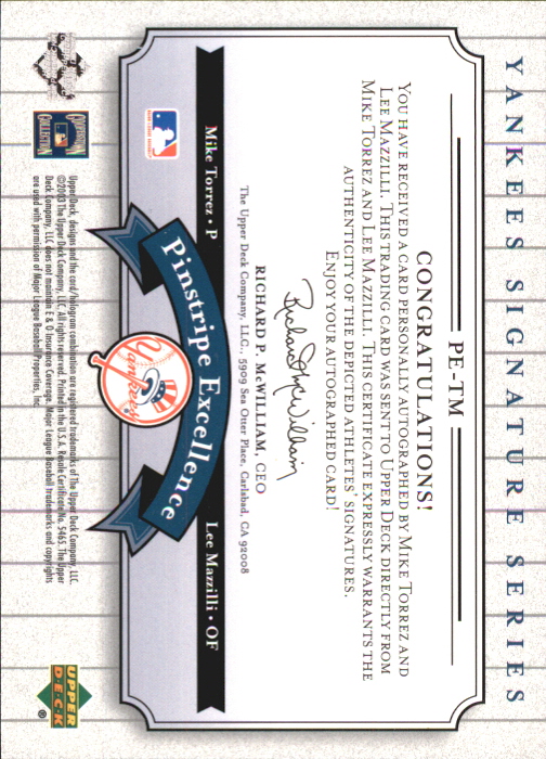 2003 Upper Deck Yankees Signature Pinstripe Excellence Autographs #TM Mike Torrez/Lee Mazzilli back image