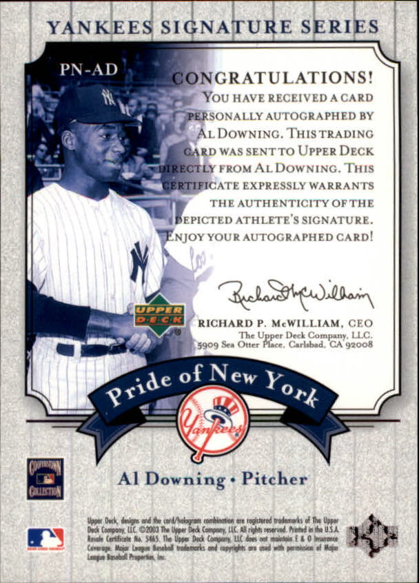 2003 Upper Deck Yankees Signature Pride of New York Autographs #AD Al Downing back image