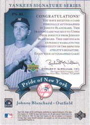 2003 Upper Deck Yankees Signature Pride of New York Autographs #BL Johnny Blanchard back image