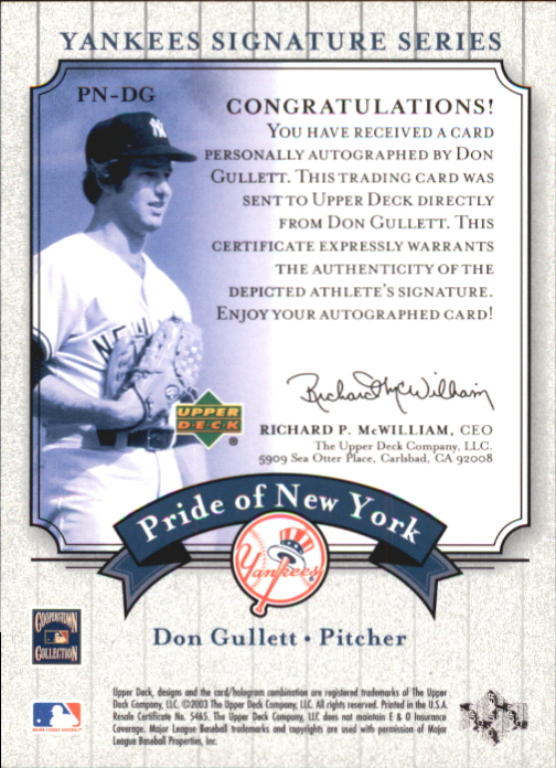 2003 Upper Deck Yankees Signature Pride of New York Autographs #DG Don Gullett back image