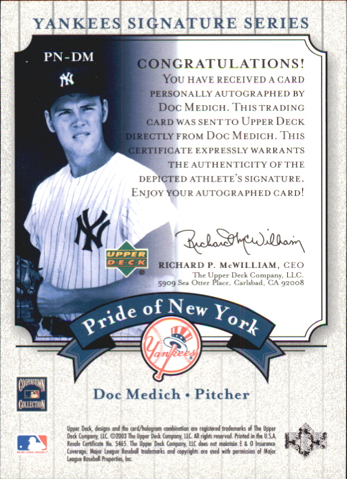 2003 Upper Deck Yankees Signature Pride of New York Autographs #DM Doc Medich back image