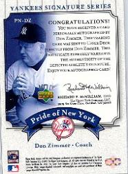 2003 Upper Deck Yankees Signature Pride of New York Autographs #DZ Don Zimmer back image