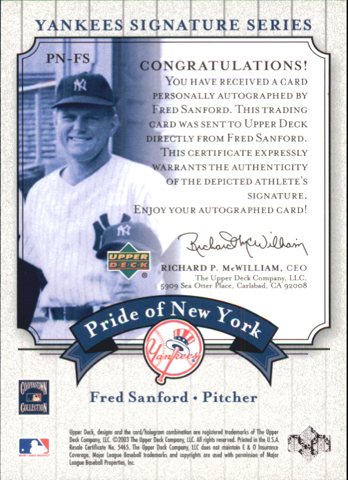 2003 Upper Deck Yankees Signature Pride of New York Autographs #FS Fred Sanford back image