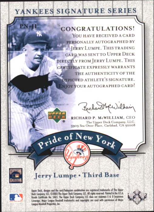 2003 Upper Deck Yankees Signature Pride of New York Autographs #JL Jerry Lumpe back image