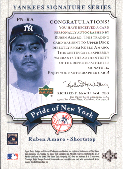 2003 Upper Deck Yankees Signature Pride of New York Autographs #RA Ruben Amaro back image
