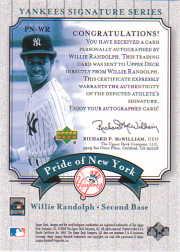 2003 Upper Deck Yankees Signature Pride of New York Autographs #WR Willie Randolph SP/283 back image