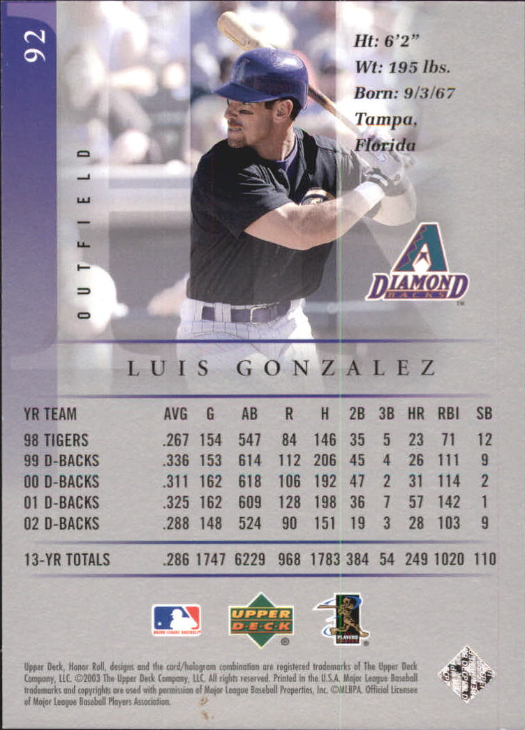 2003 Upper Deck Honor Roll Silver #92 Luis Gonzalez back image