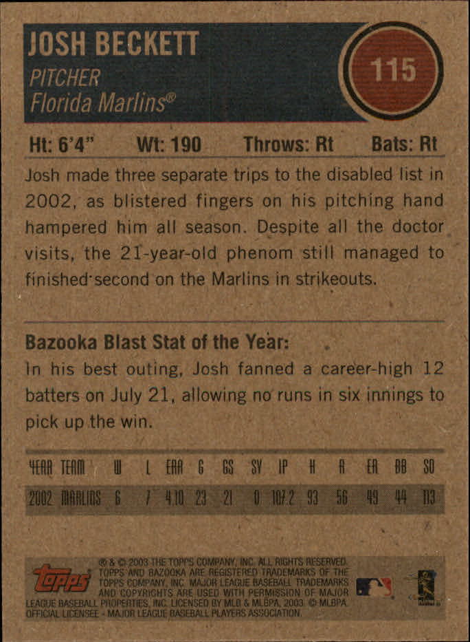 2003 Bazooka Minis #115 Josh Beckett back image