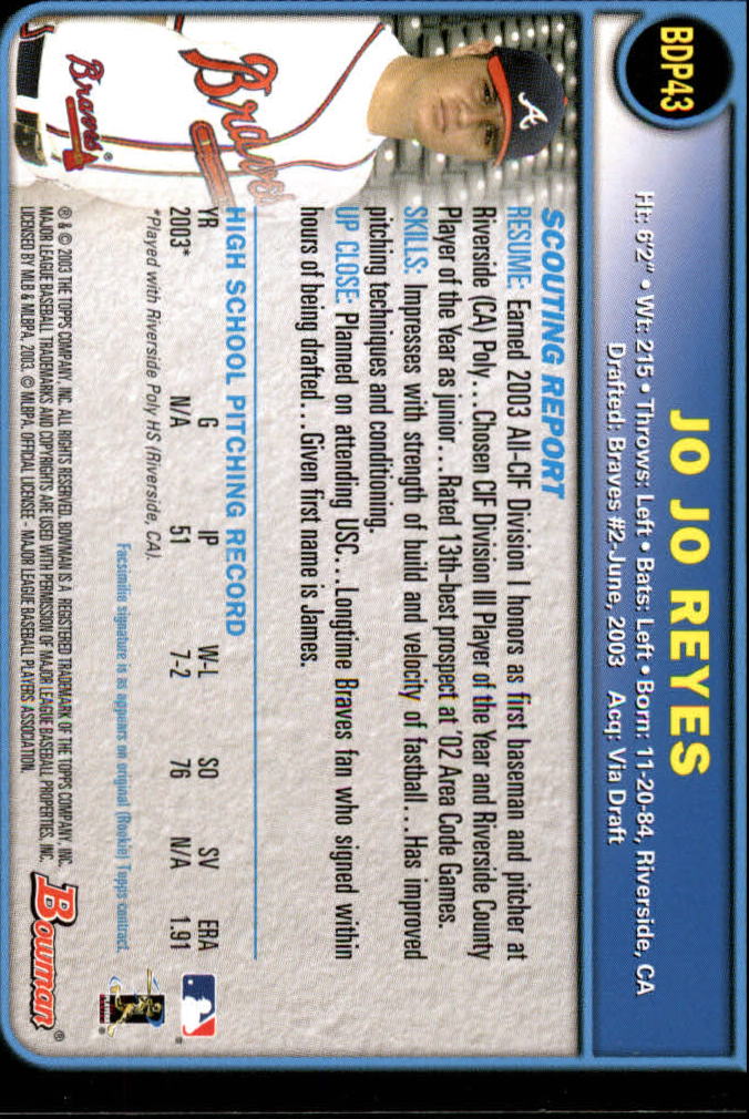 2003 Bowman Draft #43 Jo Jo Reyes RC back image