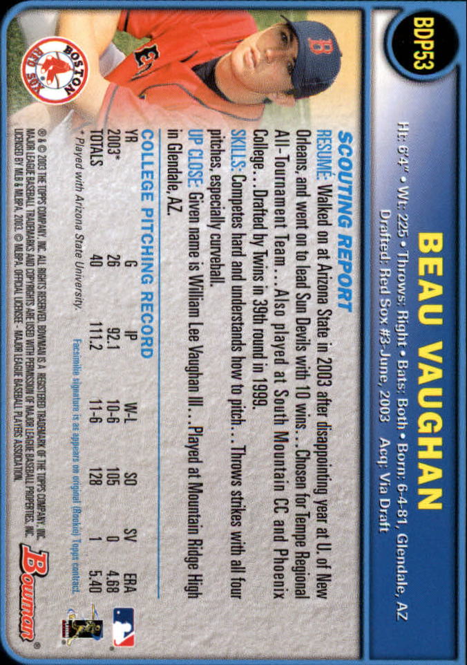 2003 Bowman Draft #53 Beau Vaughan RC back image