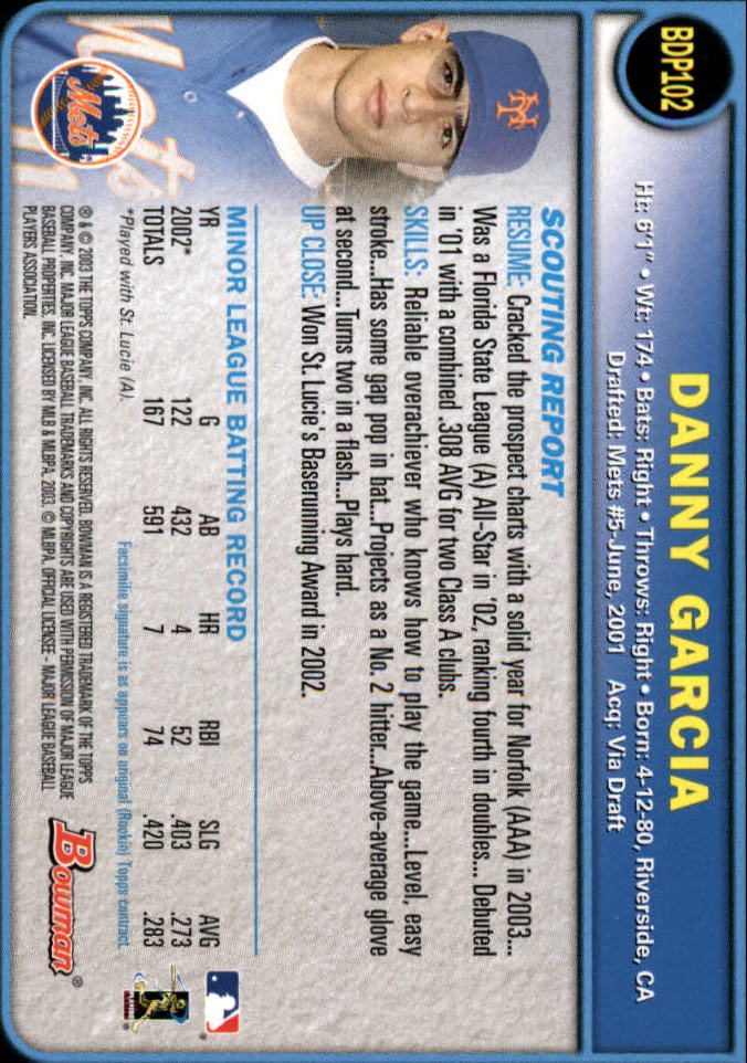2003 Bowman Draft #102 Danny Garcia RC back image