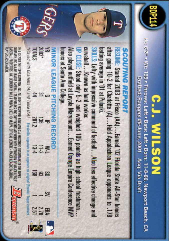 2003 Bowman Draft #114 C.J. Wilson back image
