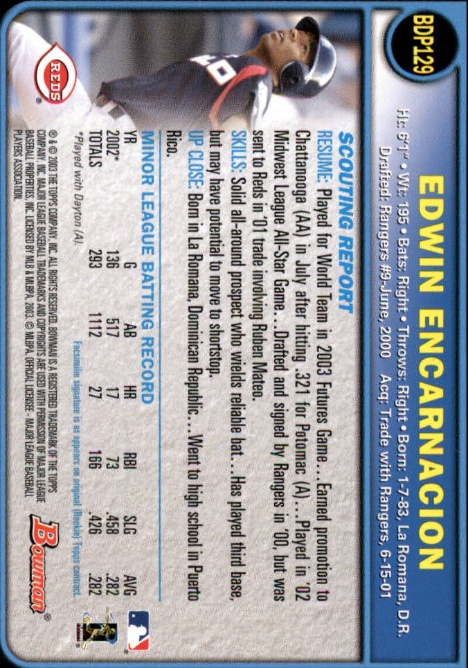 2003 Bowman Draft #129 Edwin Encarnacion back image